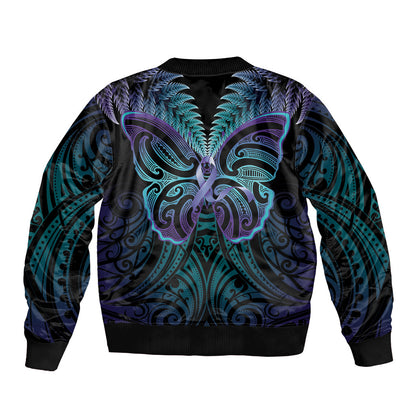 Suicide Prevention New Zealand Sleeve Zip Bomber Jacket Aotearoa Maori Butterfly Mix Silver Fern