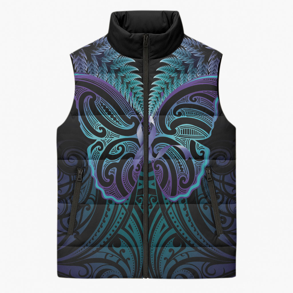 Suicide Prevention New Zealand Sleeveless Puffer Jacket Aotearoa Maori Butterfly Mix Silver Fern
