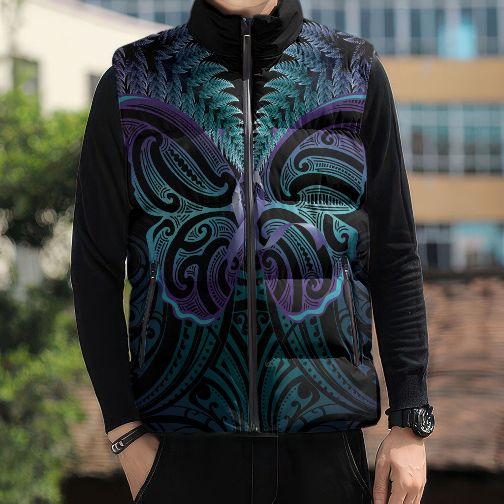 Suicide Prevention New Zealand Sleeveless Puffer Jacket Aotearoa Maori Butterfly Mix Silver Fern