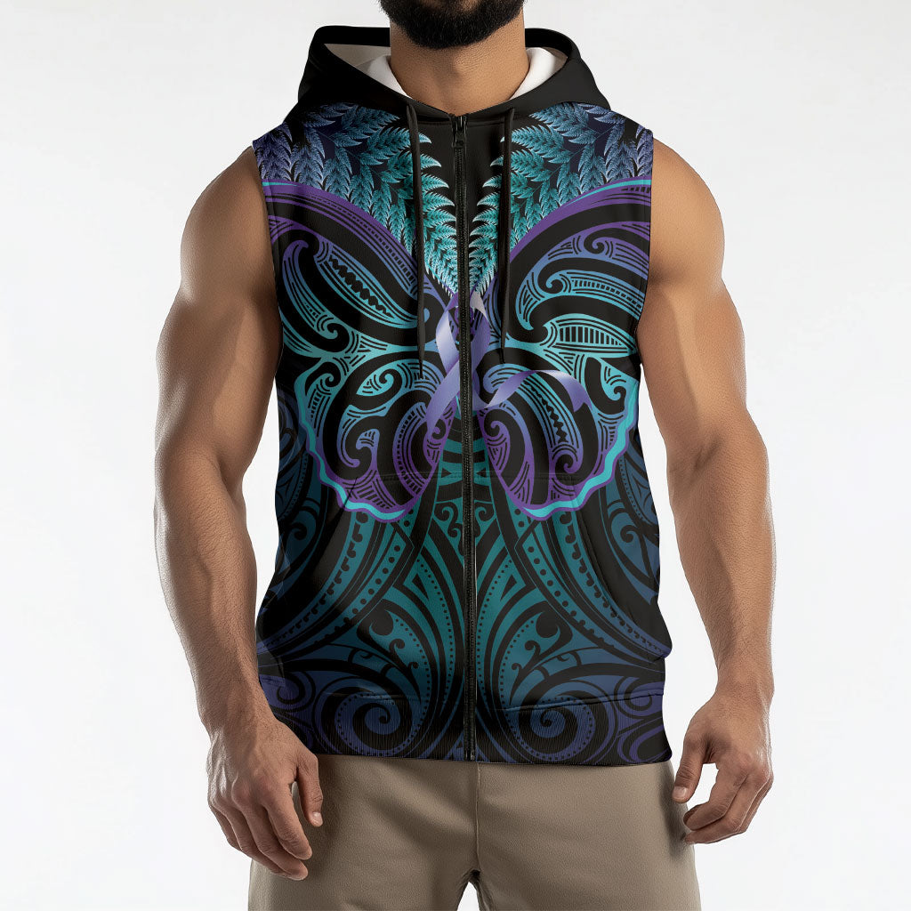 Suicide Prevention New Zealand Sleeveless Zip Hoodie Aotearoa Maori Butterfly Mix Silver Fern