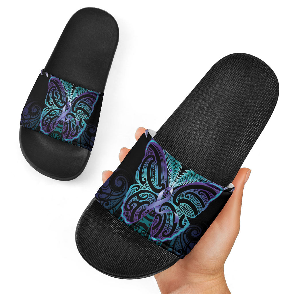 Suicide Prevention New Zealand Slide Sandals Aotearoa Maori Butterfly Mix Silver Fern