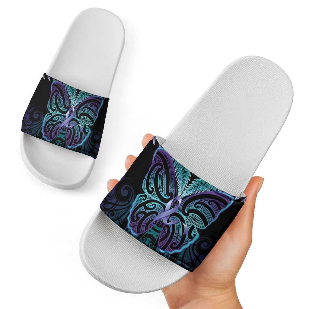 Suicide Prevention New Zealand Slide Sandals Aotearoa Maori Butterfly Mix Silver Fern