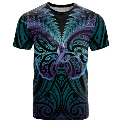 Suicide Prevention New Zealand T Shirt Aotearoa Maori Butterfly Mix Silver Fern