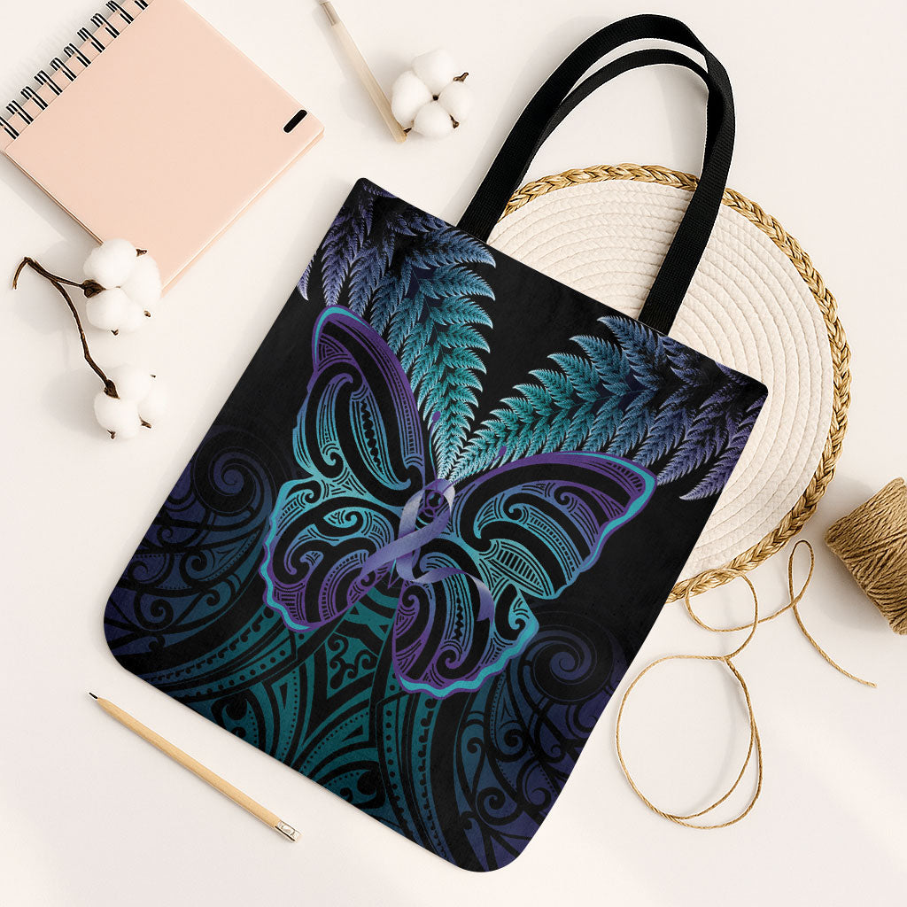 Suicide Prevention New Zealand Tote Bag Aotearoa Maori Butterfly Mix Silver Fern