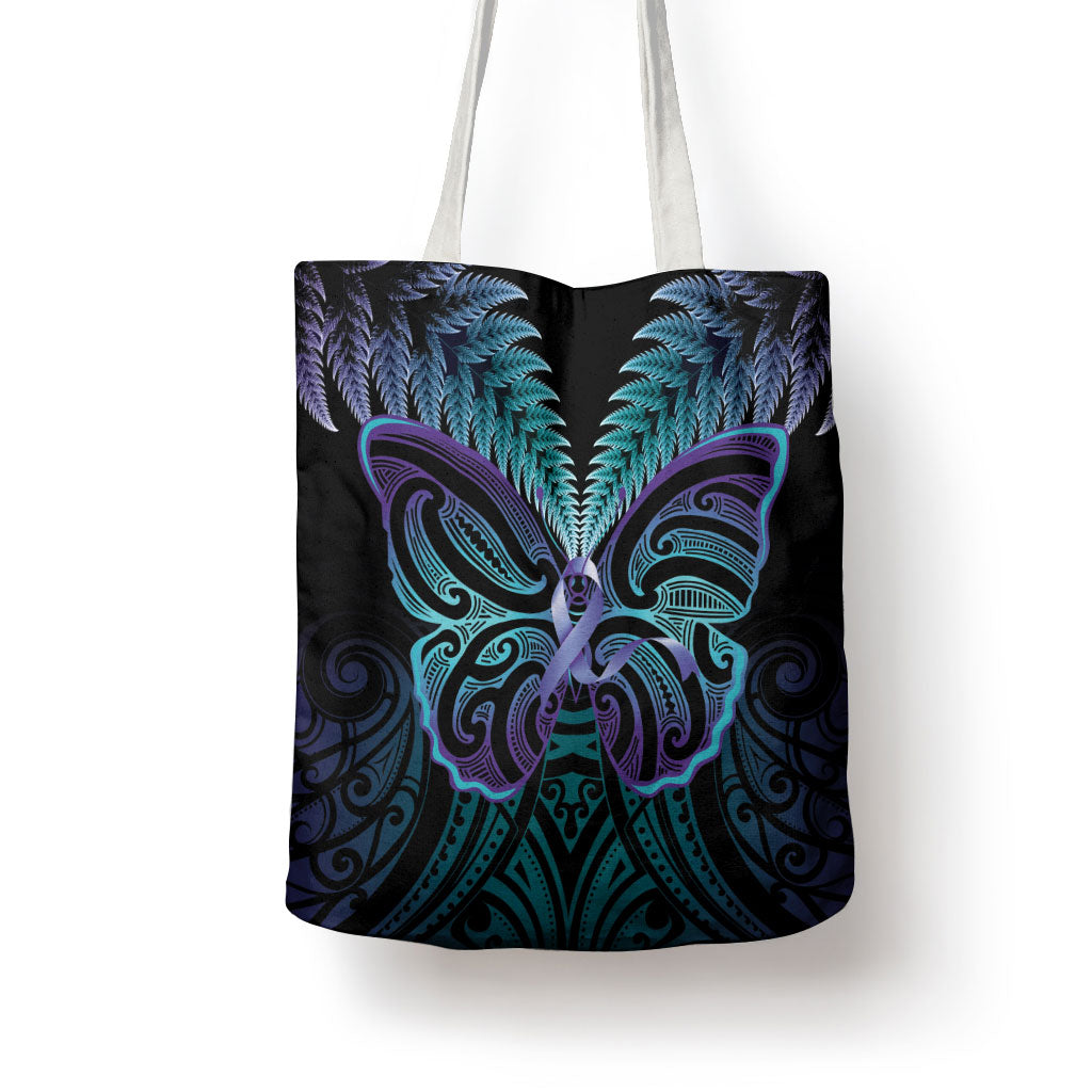 Suicide Prevention New Zealand Tote Bag Aotearoa Maori Butterfly Mix Silver Fern