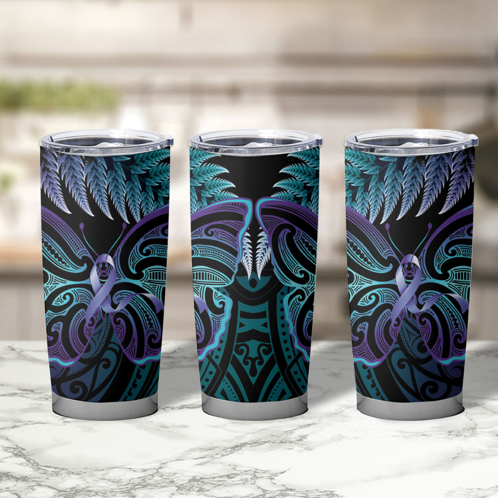 Suicide Prevention New Zealand Tumbler Cup Aotearoa Maori Butterfly Mix Silver Fern
