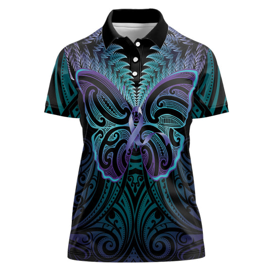 Suicide Prevention New Zealand Women Polo Shirt Aotearoa Maori Butterfly Mix Silver Fern