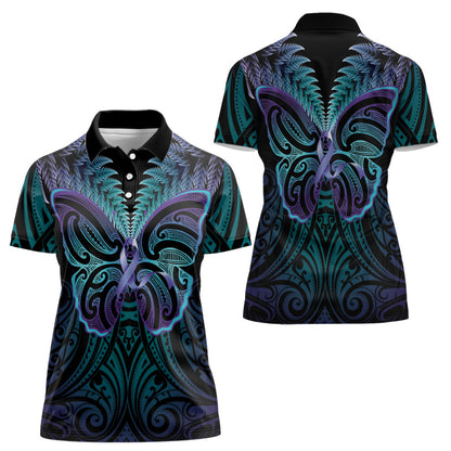 Suicide Prevention New Zealand Women Polo Shirt Aotearoa Maori Butterfly Mix Silver Fern