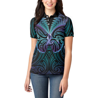 Suicide Prevention New Zealand Women Polo Shirt Aotearoa Maori Butterfly Mix Silver Fern