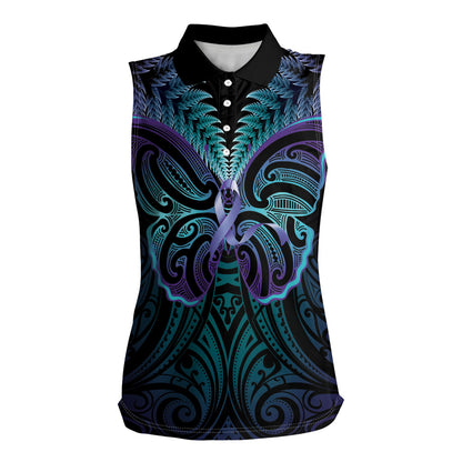 Suicide Prevention New Zealand Women Sleeveless Polo Shirt Aotearoa Maori Butterfly Mix Silver Fern