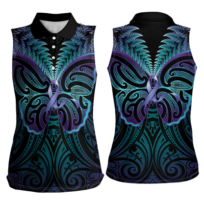 Suicide Prevention New Zealand Women Sleeveless Polo Shirt Aotearoa Maori Butterfly Mix Silver Fern