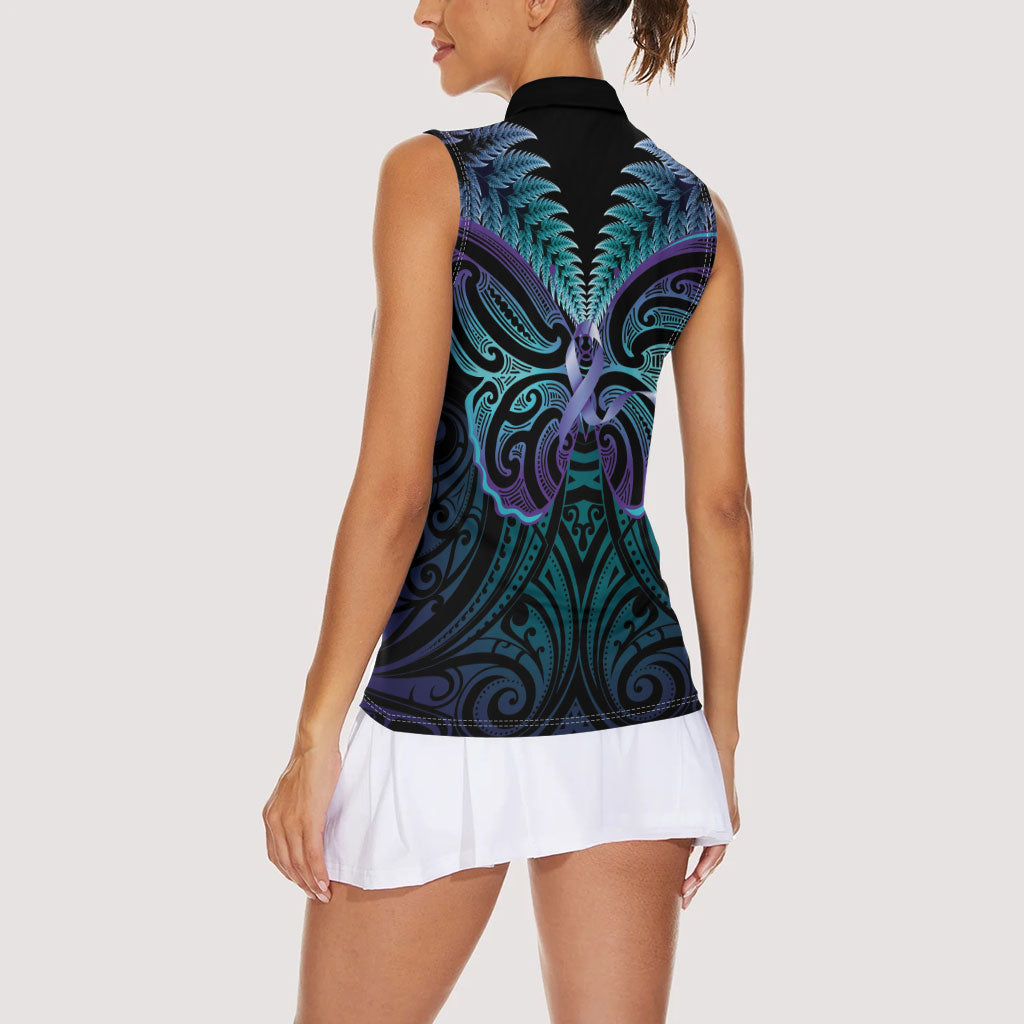 Suicide Prevention New Zealand Women Sleeveless Polo Shirt Aotearoa Maori Butterfly Mix Silver Fern