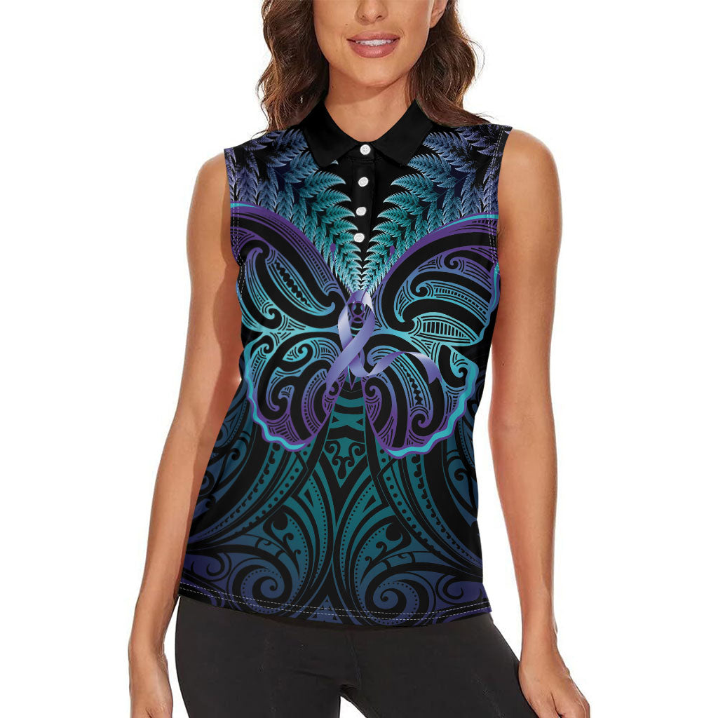 Suicide Prevention New Zealand Women Sleeveless Polo Shirt Aotearoa Maori Butterfly Mix Silver Fern