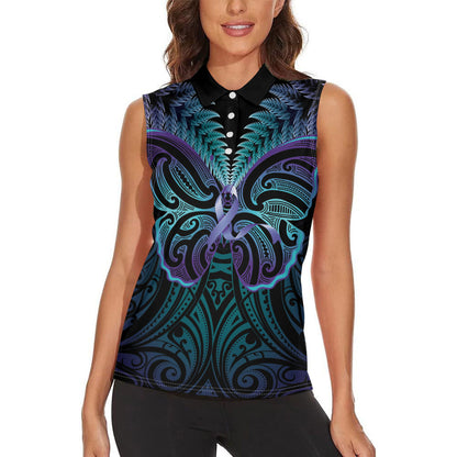 Suicide Prevention New Zealand Women Sleeveless Polo Shirt Aotearoa Maori Butterfly Mix Silver Fern
