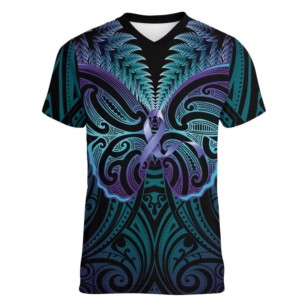 Suicide Prevention New Zealand Women V-Neck T-Shirt Aotearoa Maori Butterfly Mix Silver Fern