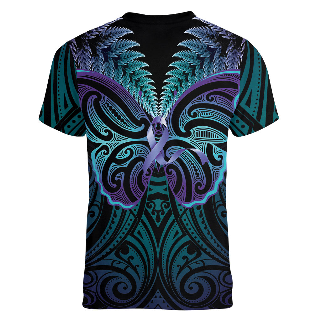 Suicide Prevention New Zealand Women V-Neck T-Shirt Aotearoa Maori Butterfly Mix Silver Fern