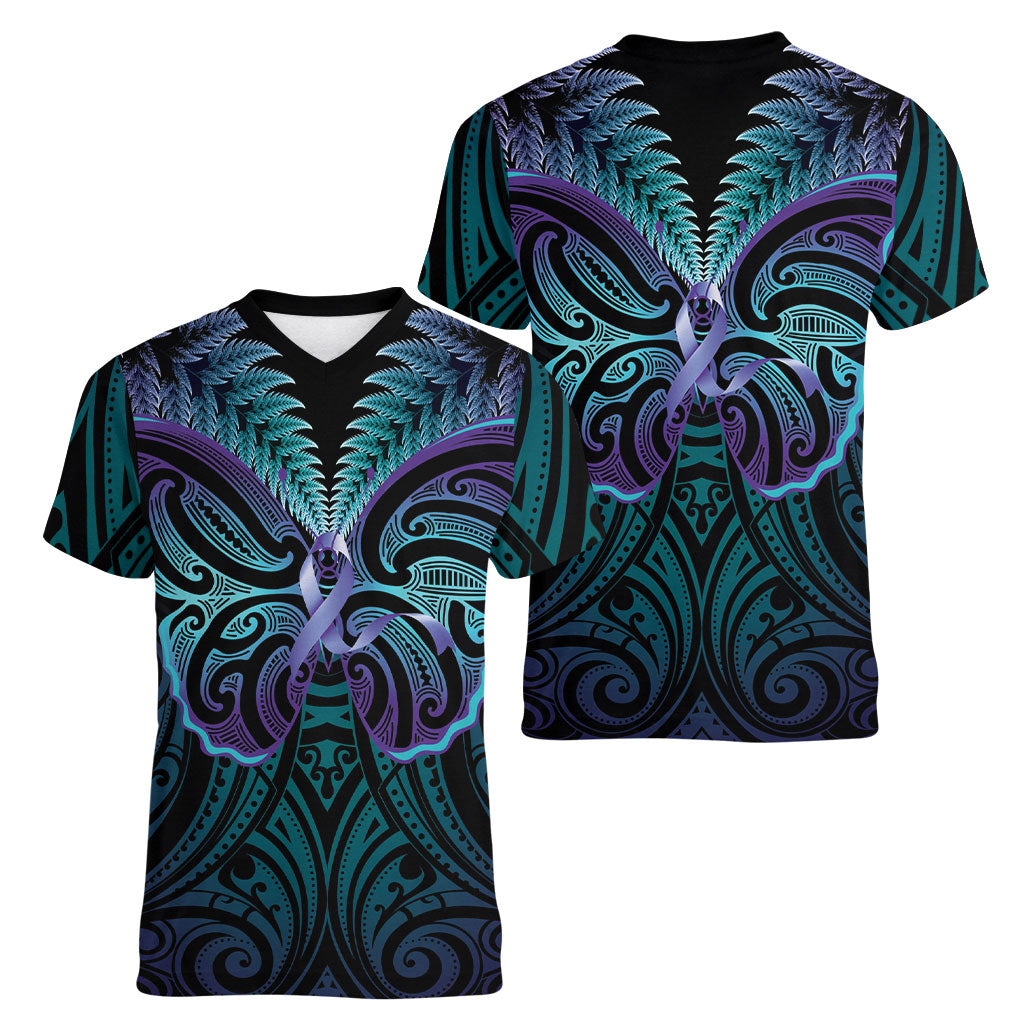 Suicide Prevention New Zealand Women V-Neck T-Shirt Aotearoa Maori Butterfly Mix Silver Fern