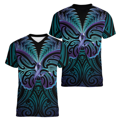 Suicide Prevention New Zealand Women V-Neck T-Shirt Aotearoa Maori Butterfly Mix Silver Fern