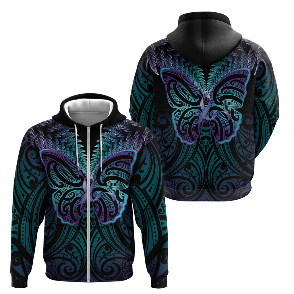Suicide Prevention New Zealand Zip Hoodie Aotearoa Maori Butterfly Mix Silver Fern
