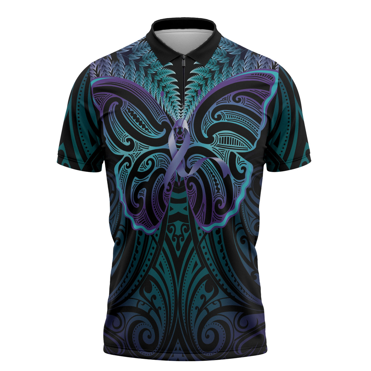 Suicide Prevention New Zealand Zipper Polo Shirt Aotearoa Maori Butterfly Mix Silver Fern