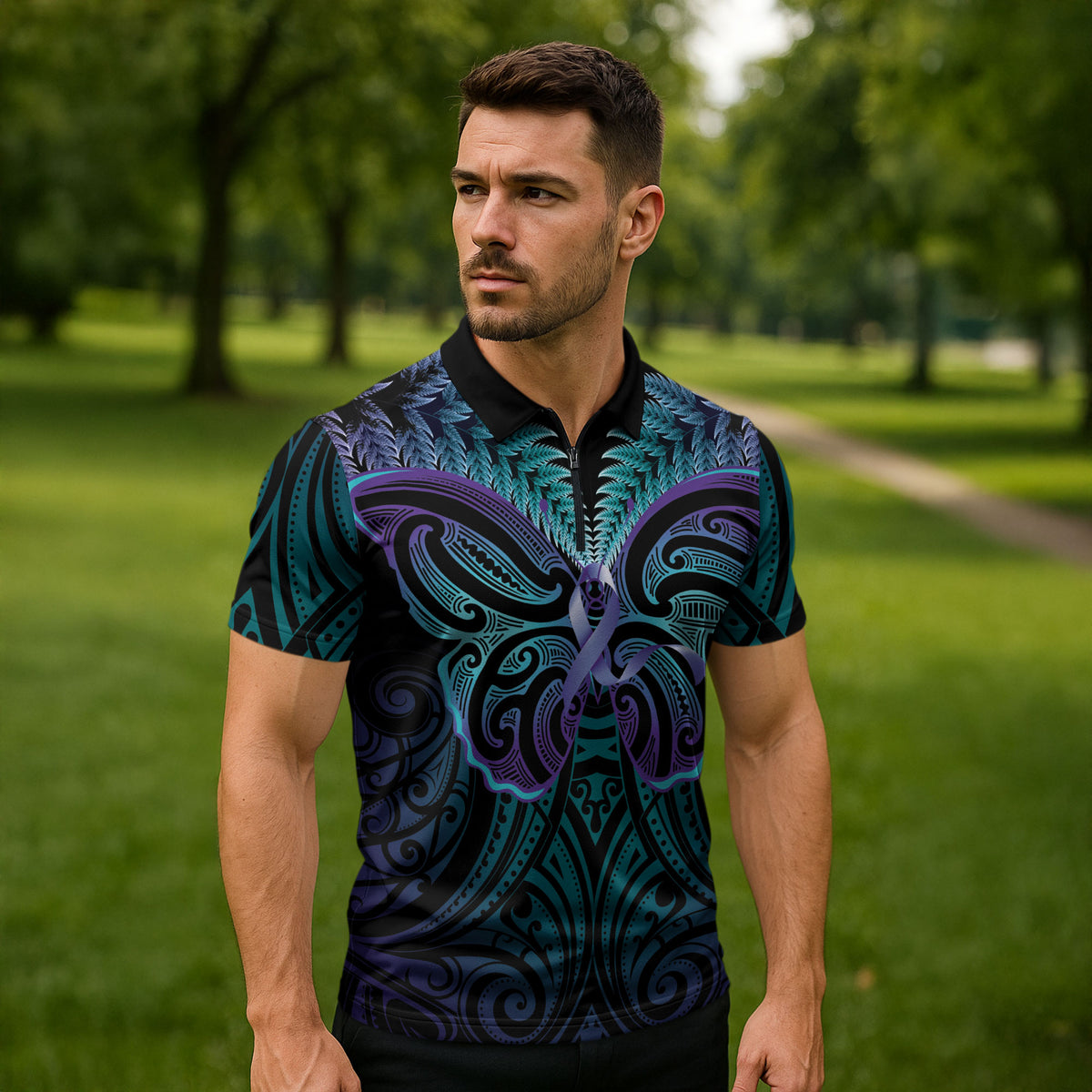 Suicide Prevention New Zealand Zipper Polo Shirt Aotearoa Maori Butterfly Mix Silver Fern