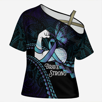 Personalised Polynesia Suicide Prevention Month Cross Shoulder Shirt Brave Strong Butterfly Teal Purple Ribbon