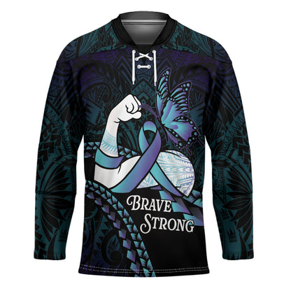 Personalised Polynesia Suicide Prevention Month Hockey Jersey Brave Strong Butterfly Teal Purple Ribbon