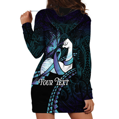 Personalised Polynesia Suicide Prevention Month Hoodie Dress Brave Strong Butterfly Teal Purple Ribbon
