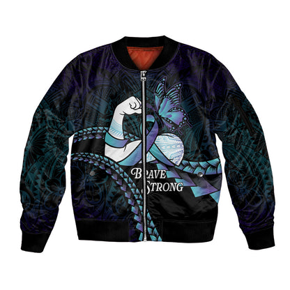 Personalised Polynesia Suicide Prevention Month Sleeve Zip Bomber Jacket Brave Strong Butterfly Teal Purple Ribbon