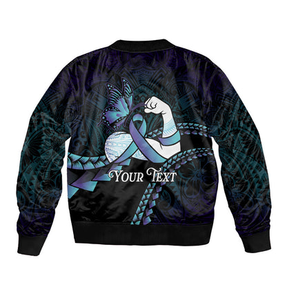 Personalised Polynesia Suicide Prevention Month Sleeve Zip Bomber Jacket Brave Strong Butterfly Teal Purple Ribbon