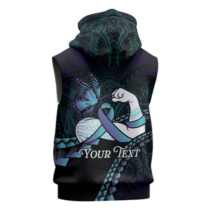 Personalised Polynesia Suicide Prevention Month Sleeveless Hoodie Brave Strong Butterfly Teal Purple Ribbon
