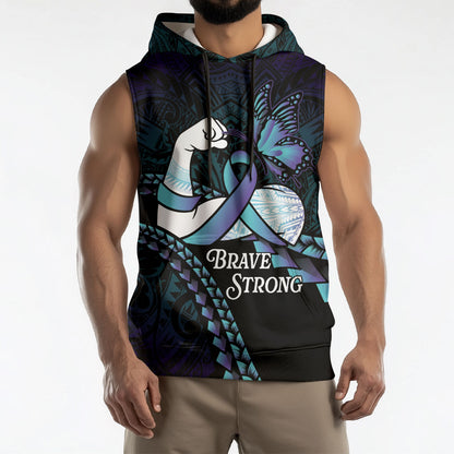Personalised Polynesia Suicide Prevention Month Sleeveless Hoodie Brave Strong Butterfly Teal Purple Ribbon