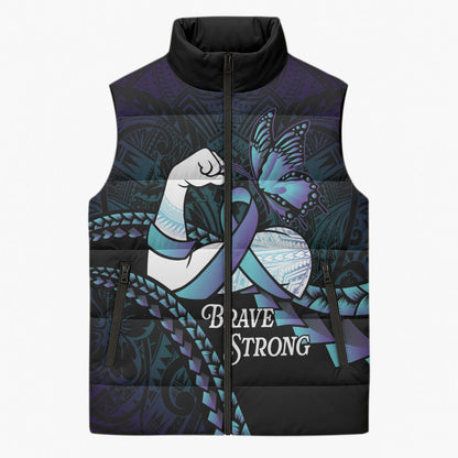 Personalised Polynesia Suicide Prevention Month Sleeveless Puffer Jacket Brave Strong Butterfly Teal Purple Ribbon