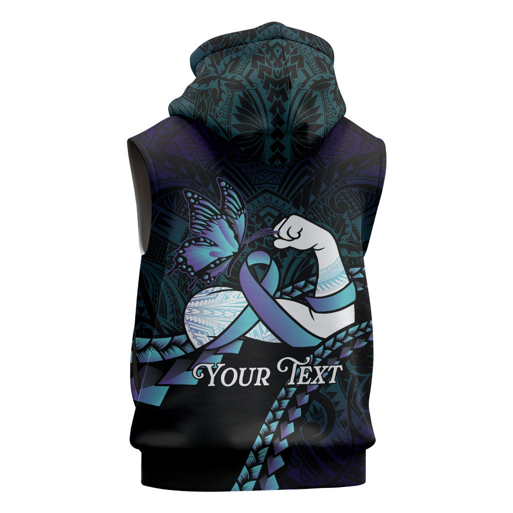 Personalised Polynesia Suicide Prevention Month Sleeveless Zip Hoodie Brave Strong Butterfly Teal Purple Ribbon