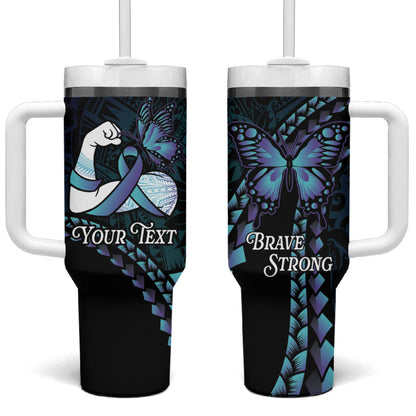 Personalised Polynesia Suicide Prevention Month Tumbler With Handle Brave Strong Butterfly Teal Purple Ribbon
