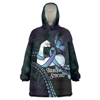 Personalised Polynesia Suicide Prevention Month Wearable Blanket Hoodie Brave Strong Butterfly Teal Purple Ribbon