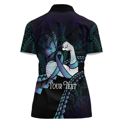 Personalised Polynesia Suicide Prevention Month Women Polo Shirt Brave Strong Butterfly Teal Purple Ribbon