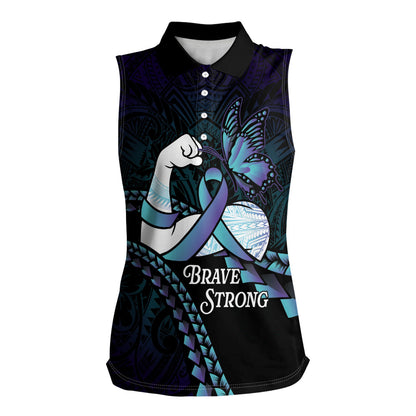 Personalised Polynesia Suicide Prevention Month Women Sleeveless Polo Shirt Brave Strong Butterfly Teal Purple Ribbon