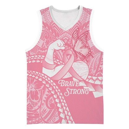 Personalised Polynesia Breast Cancer Support Basketball Jersey Brave Strong Butterfly Pink Ribbon