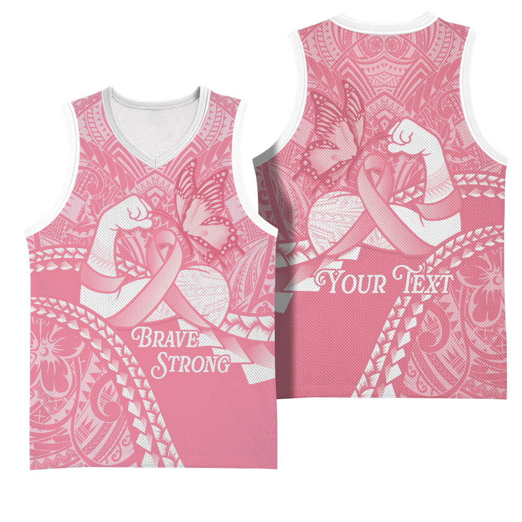 Personalised Polynesia Breast Cancer Support Basketball Jersey Brave Strong Butterfly Pink Ribbon