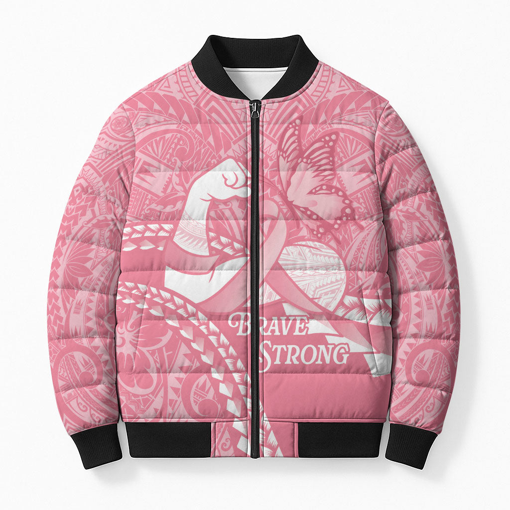 Personalised Polynesia Breast Cancer Support Bomber Puffer Jacket Brave Strong Butterfly Pink Ribbon
