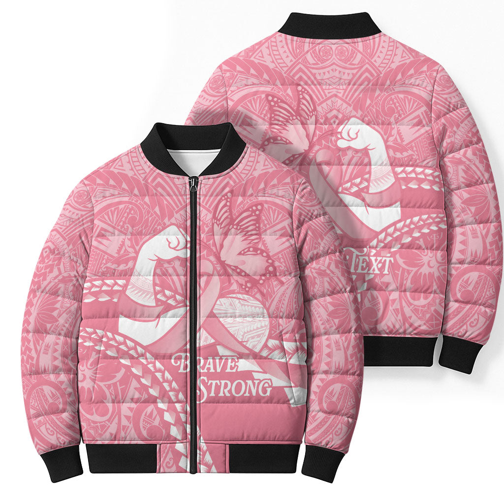 Personalised Polynesia Breast Cancer Support Bomber Puffer Jacket Brave Strong Butterfly Pink Ribbon