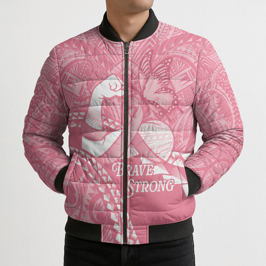 Personalised Polynesia Breast Cancer Support Bomber Puffer Jacket Brave Strong Butterfly Pink Ribbon
