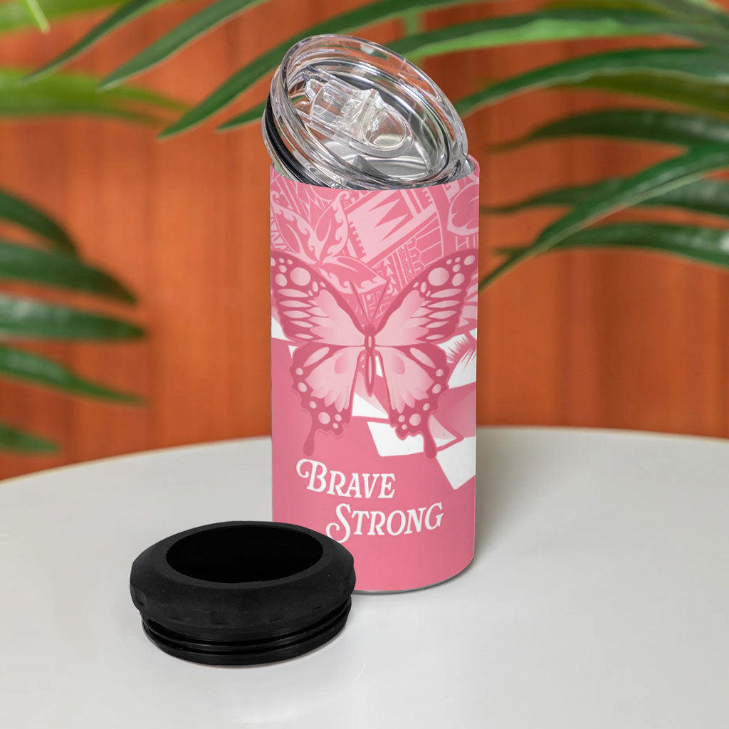 Personalised Polynesia Breast Cancer Support 4 in 1 Can Cooler Tumbler Brave Strong Butterfly Pink Ribbon