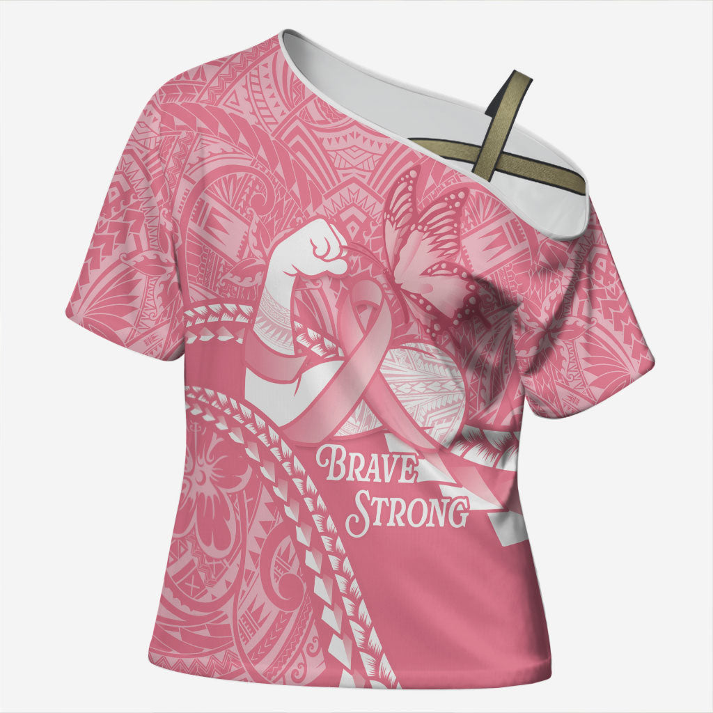 Personalised Polynesia Breast Cancer Support Cross Shoulder Shirt Brave Strong Butterfly Pink Ribbon