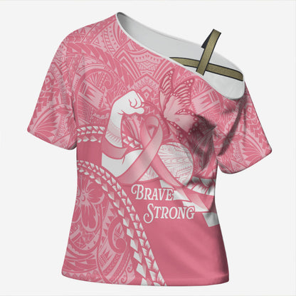 Personalised Polynesia Breast Cancer Support Cross Shoulder Shirt Brave Strong Butterfly Pink Ribbon