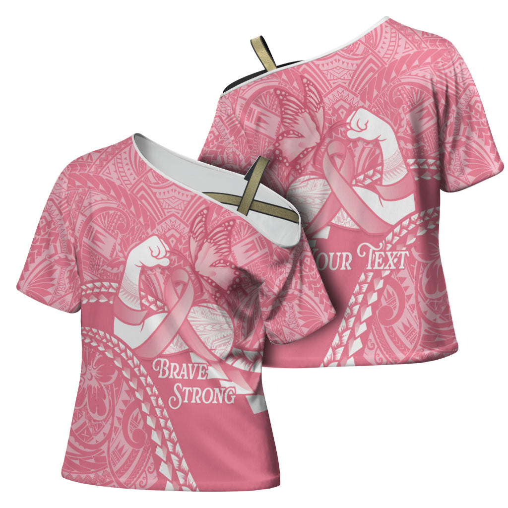 Personalised Polynesia Breast Cancer Support Cross Shoulder Shirt Brave Strong Butterfly Pink Ribbon