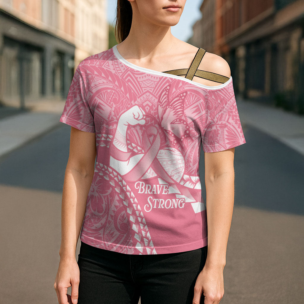 Personalised Polynesia Breast Cancer Support Cross Shoulder Shirt Brave Strong Butterfly Pink Ribbon