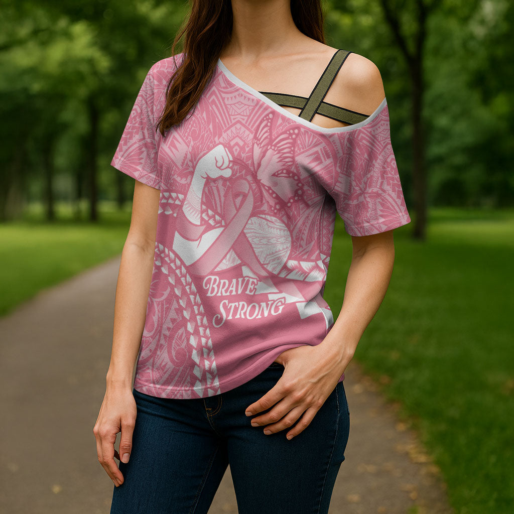 Personalised Polynesia Breast Cancer Support Cross Shoulder Shirt Brave Strong Butterfly Pink Ribbon