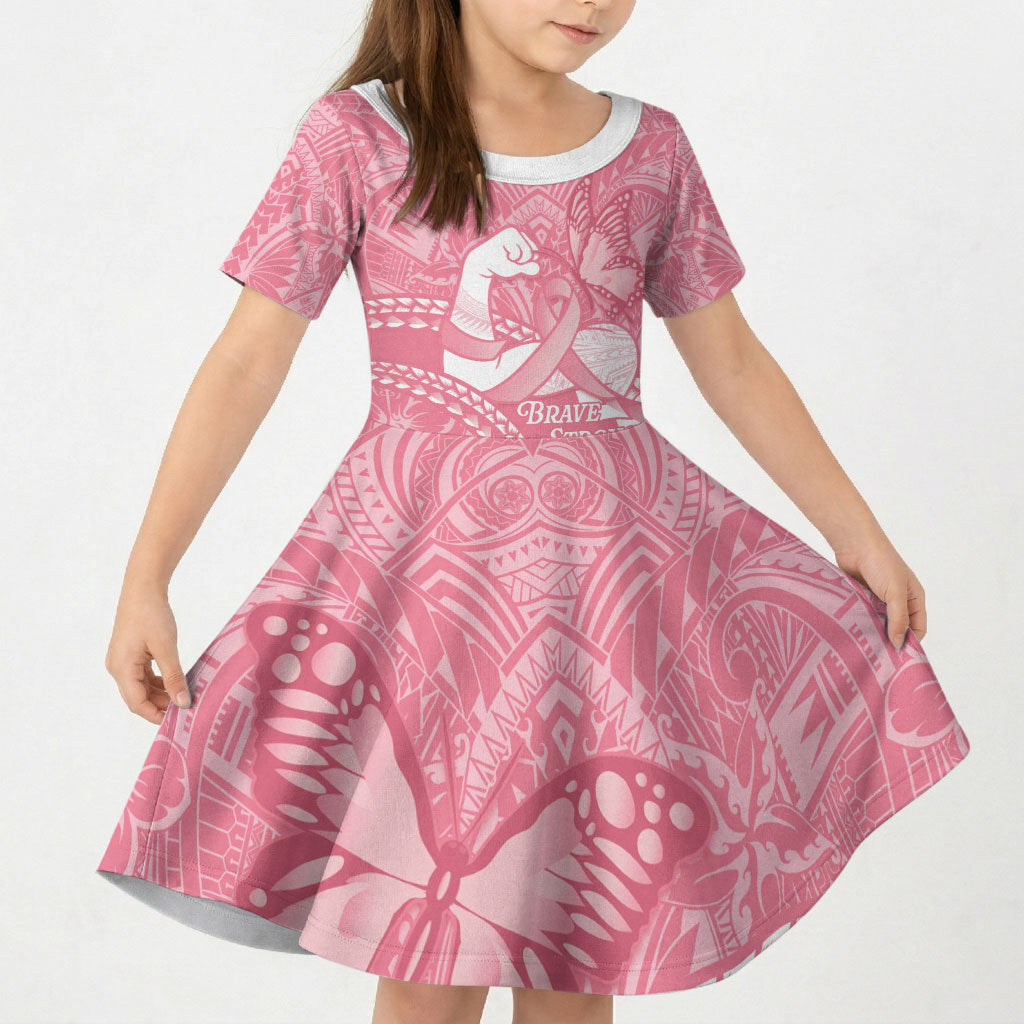 Personalised Polynesia Breast Cancer Support Kid Short Sleeve Dress Brave Strong Butterfly Pink Ribbon